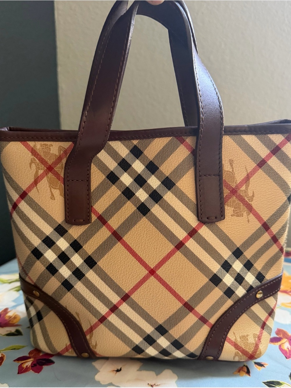 Burberry Beige Plaid Mini Tote with Brown and Red Accents